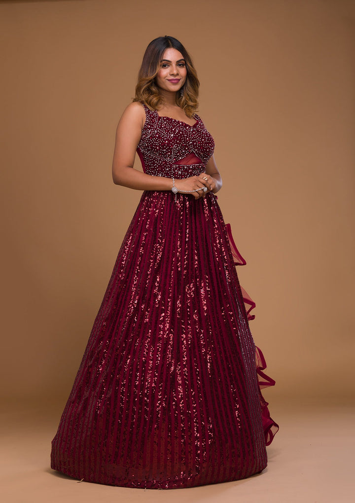 Maroon Sequins Net Designer Gown-Koskii
