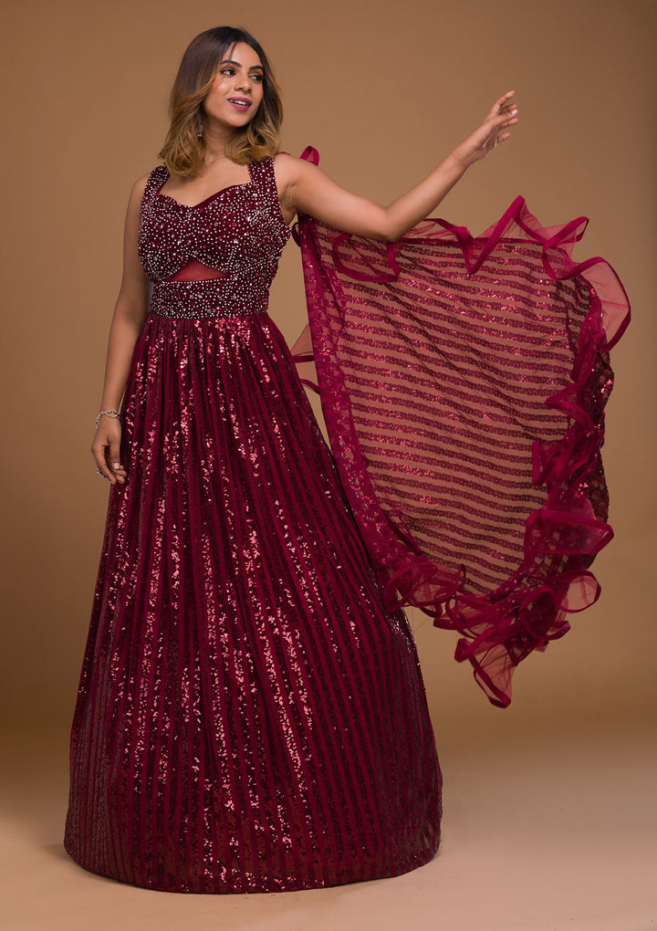 Maroon Sequins Net Designer Gown-Koskii