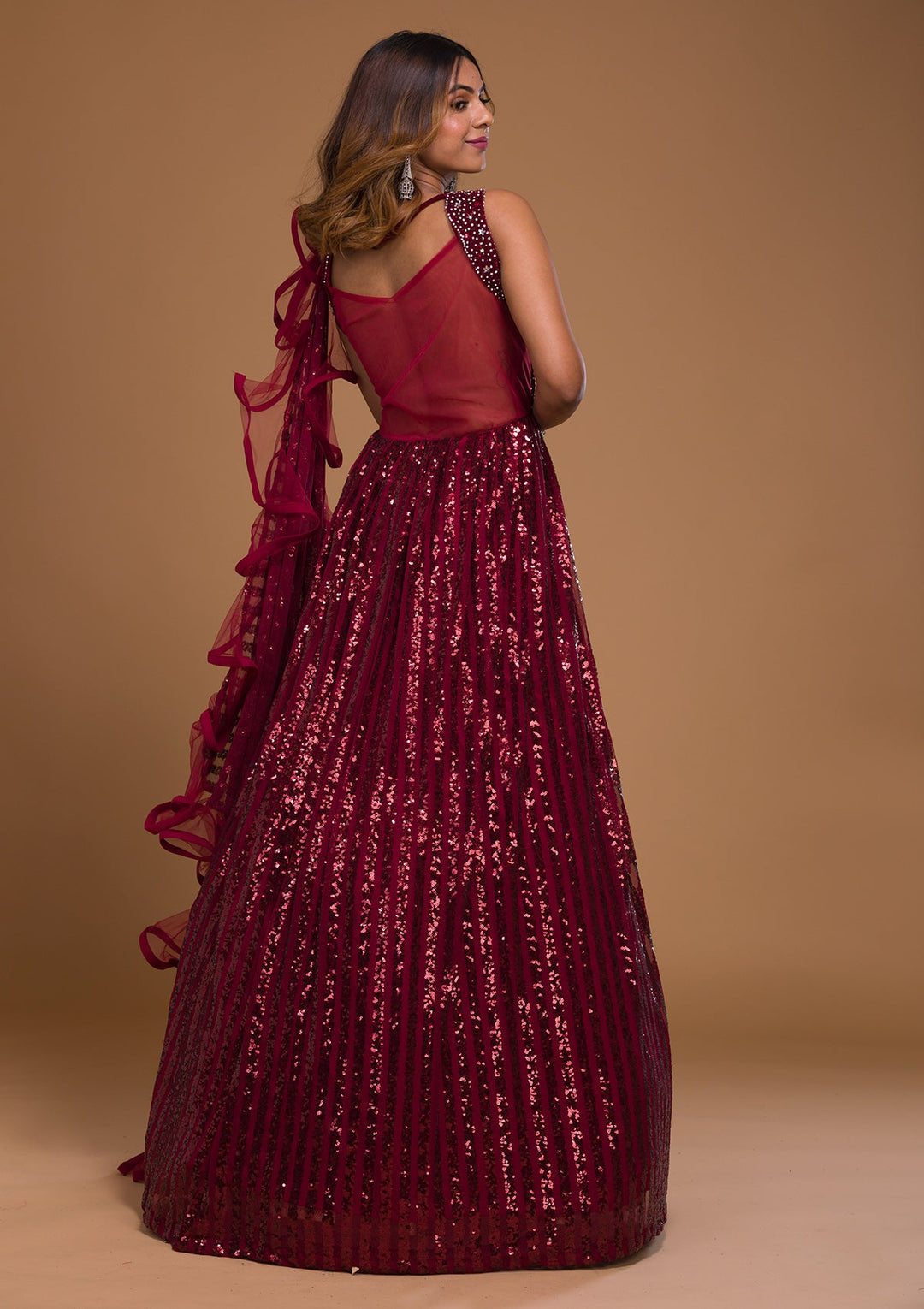 Maroon Sequins Net Designer Gown-Koskii