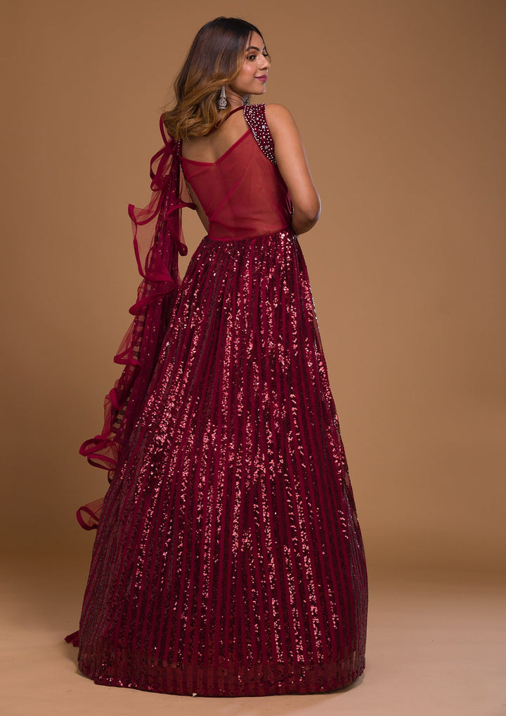 Maroon Sequins Net Designer Gown-Koskii