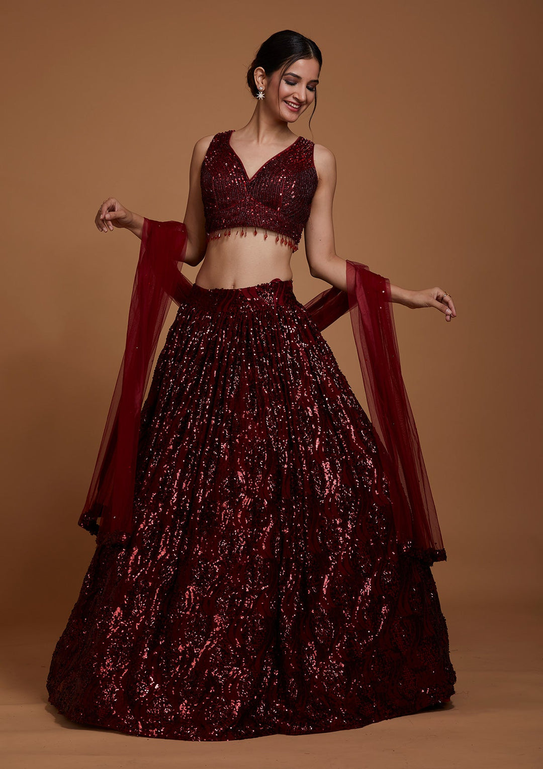 Maroon Sequins Net Lehenga-Koskii