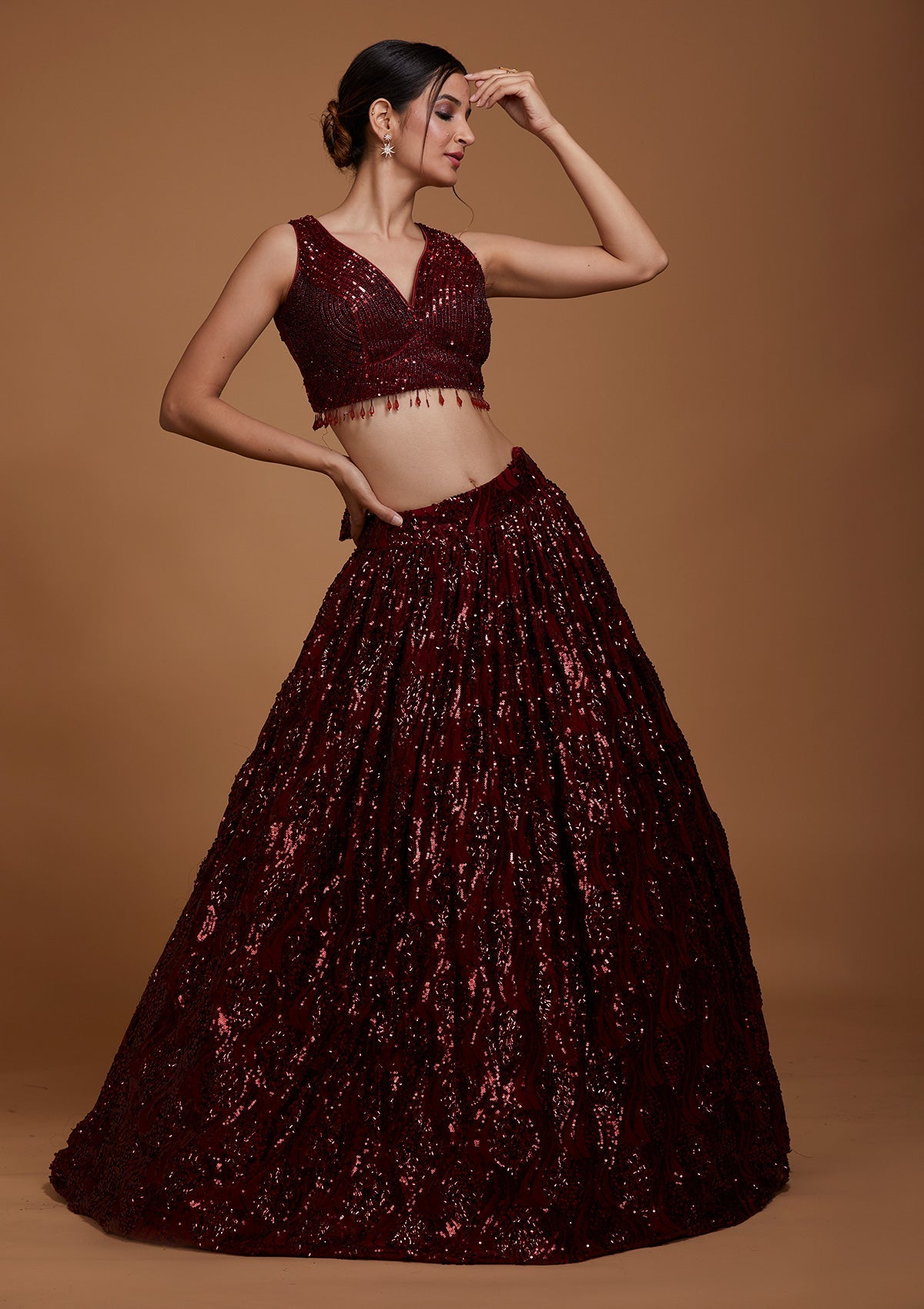 Maroon Sequins Net Lehenga-Koskii