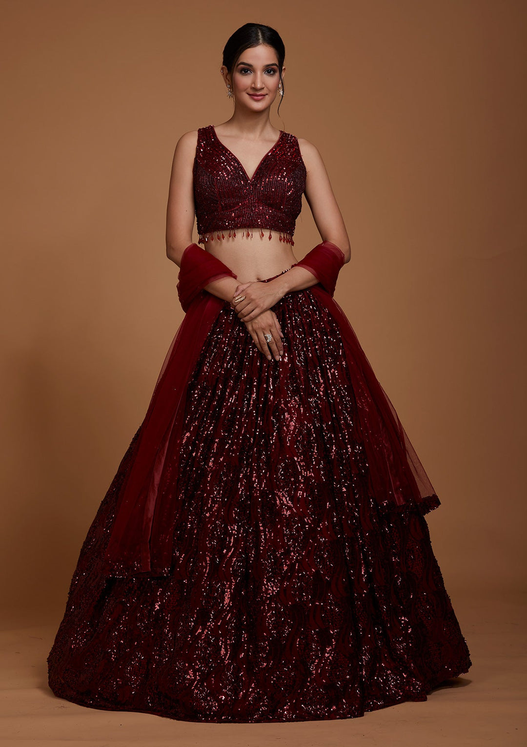 Maroon Sequins Net Lehenga-Koskii