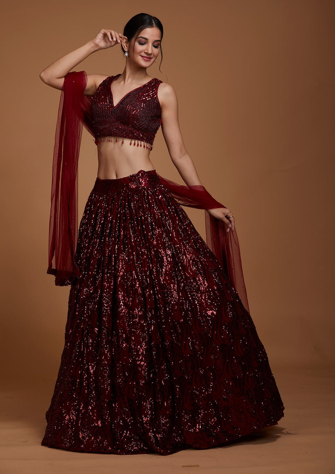 Maroon Sequins Net Lehenga-Koskii