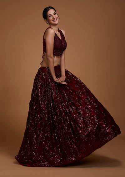 Maroon Sequins Net Lehenga-Koskii