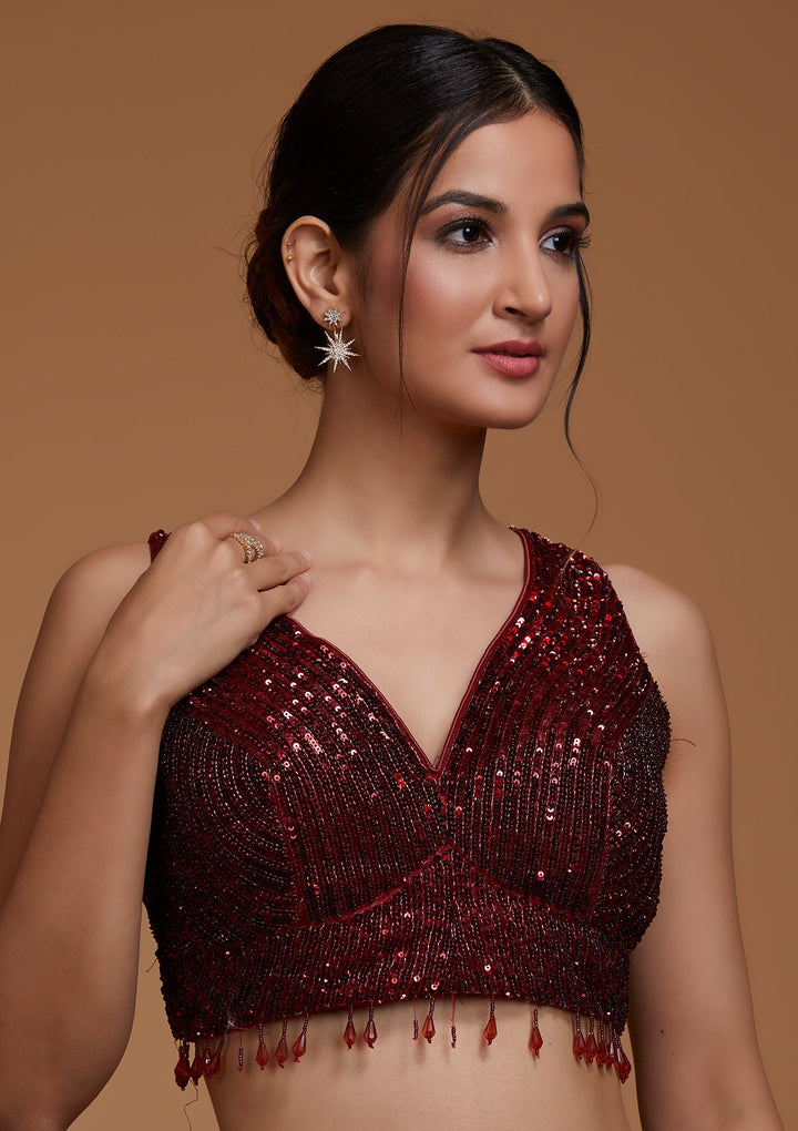 Maroon Sequins Net Lehenga-Koskii