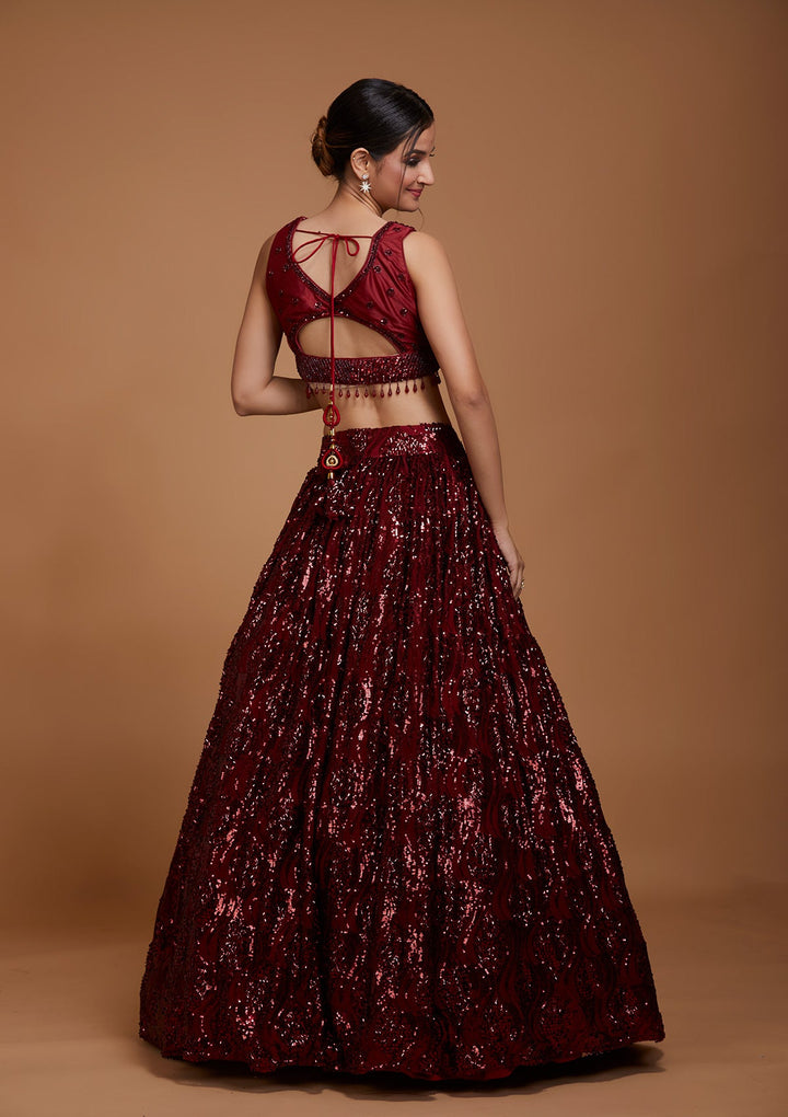 Maroon Sequins Net Lehenga-Koskii