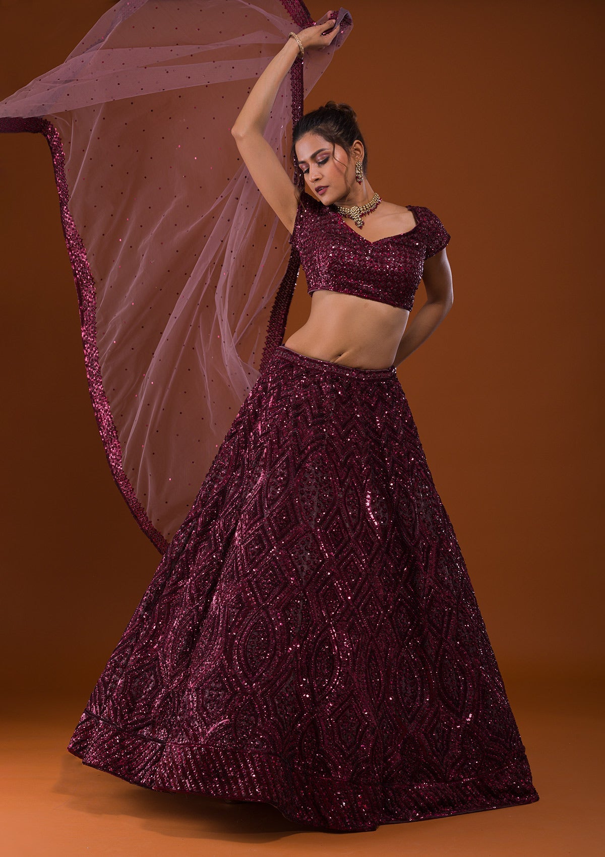 Maroon Sequins Net Designer Lehenga-Koskii