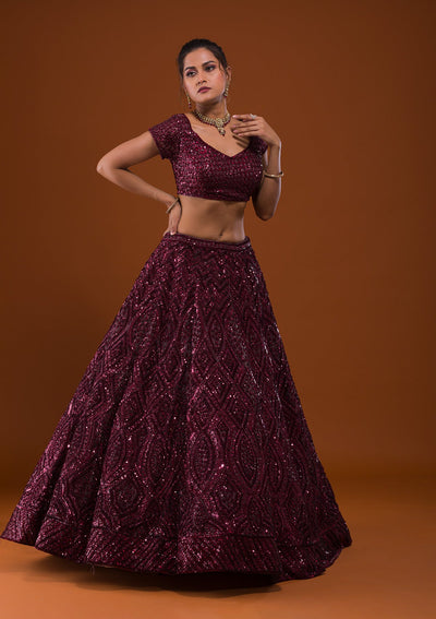 Maroon Sequins Net Designer Lehenga-Koskii