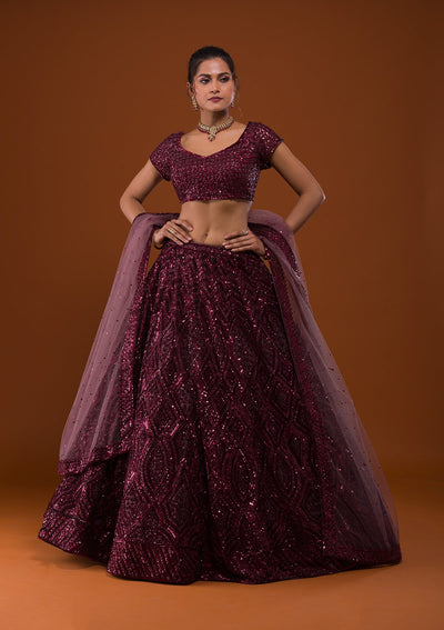 Maroon Sequins Net Designer Lehenga-Koskii