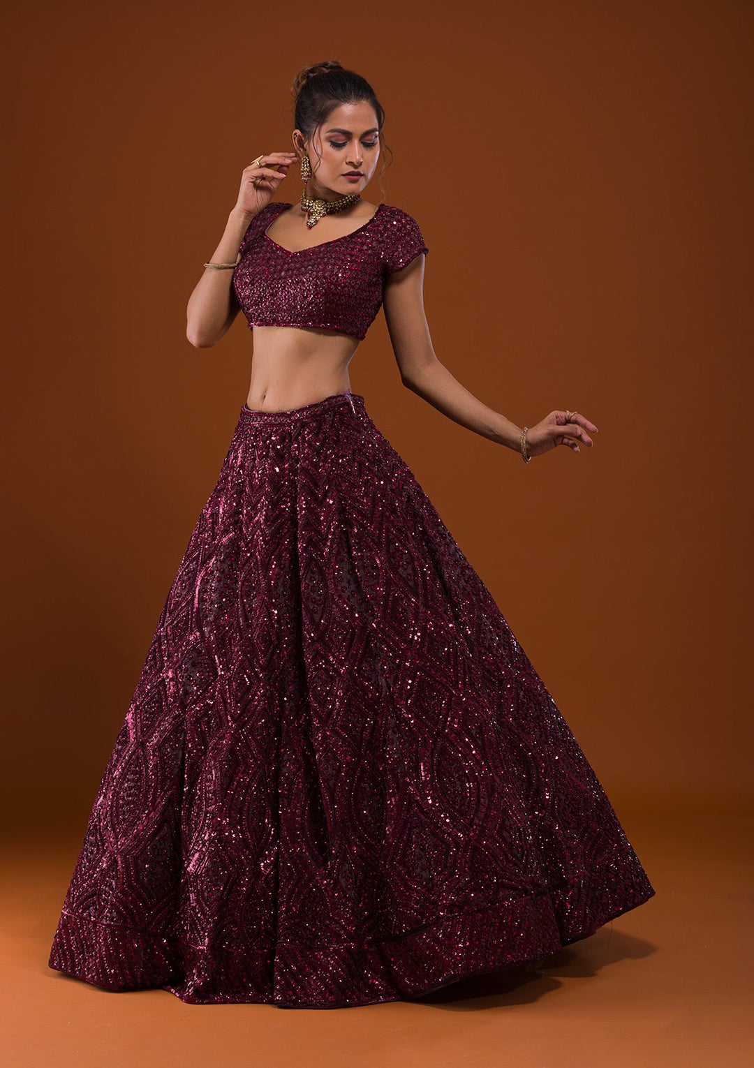 Maroon Sequins Net Designer Lehenga-Koskii