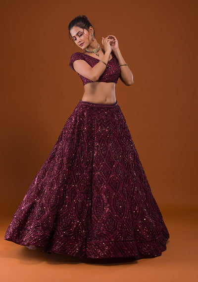 Maroon Sequins Net Designer Lehenga-Koskii