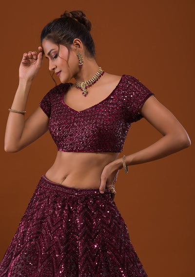 Maroon Sequins Net Designer Lehenga-Koskii