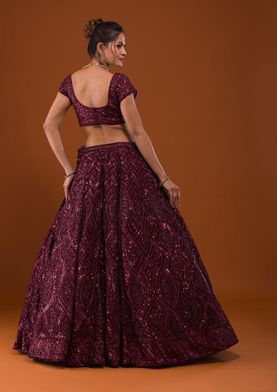 Maroon Sequins Net Designer Lehenga-Koskii