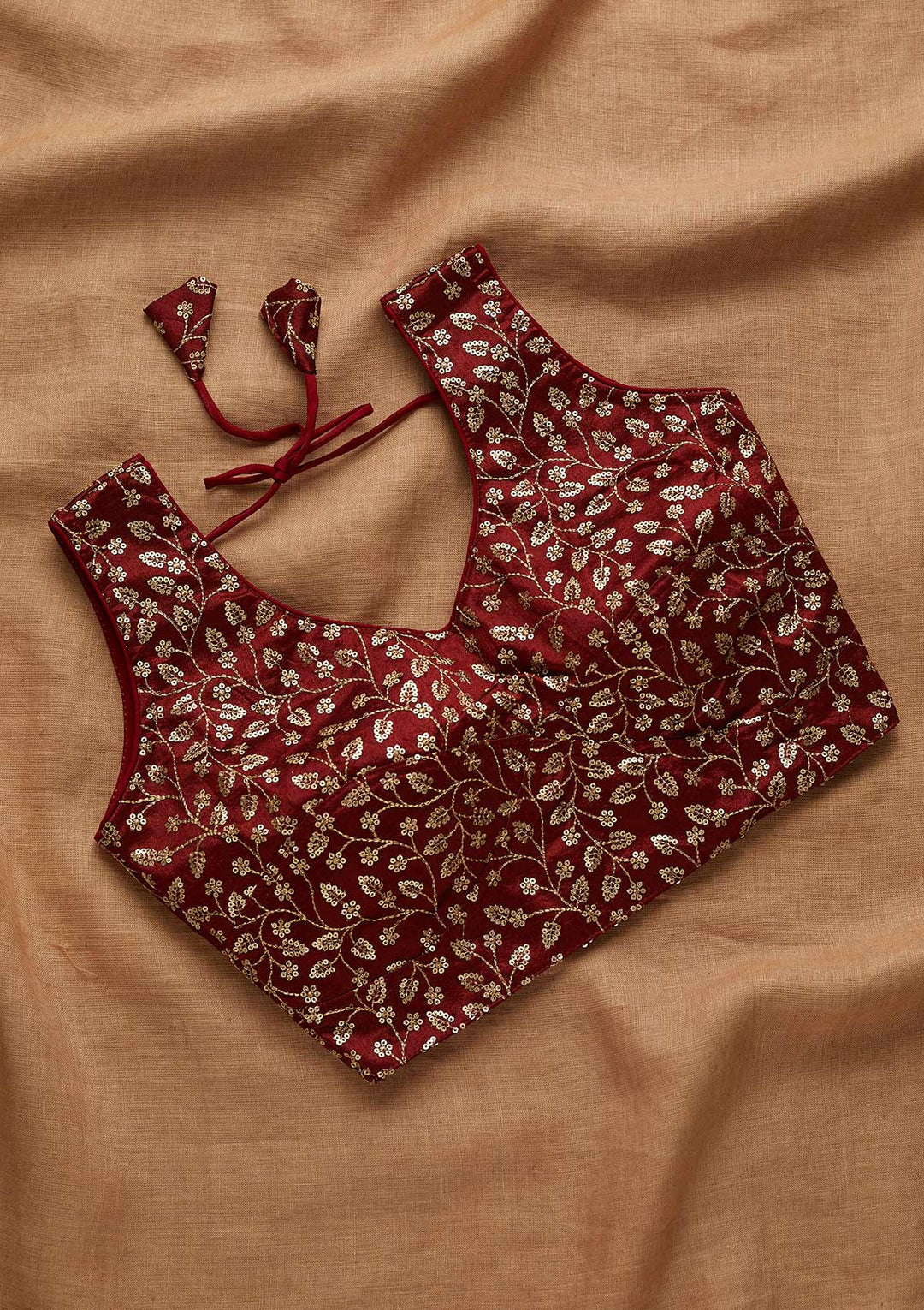 Maroon Sequins Raw Silk Blouse-Koskii