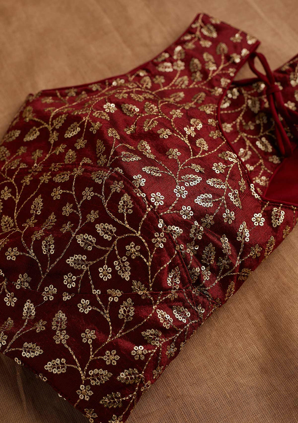 Maroon Sequins Raw Silk Blouse-Koskii