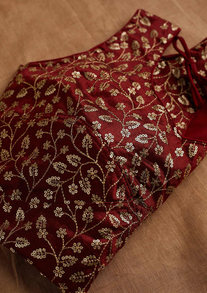 Maroon Sequins Raw Silk Blouse-Koskii