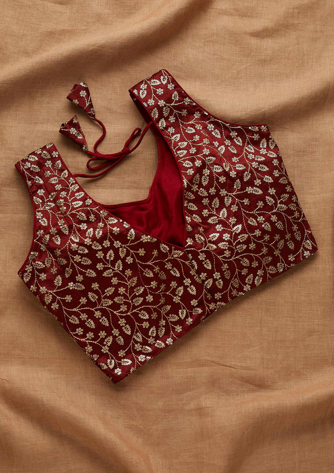 Maroon Sequins Raw Silk Blouse-Koskii