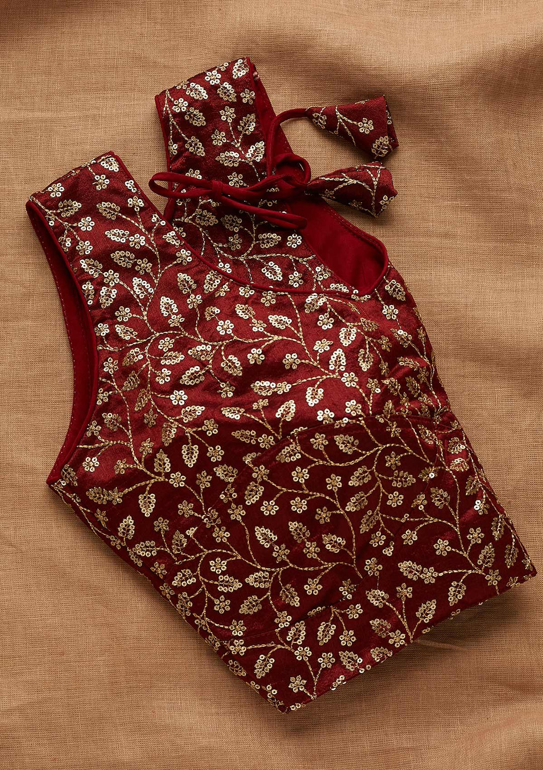 Maroon Sequins Raw Silk Blouse-Koskii