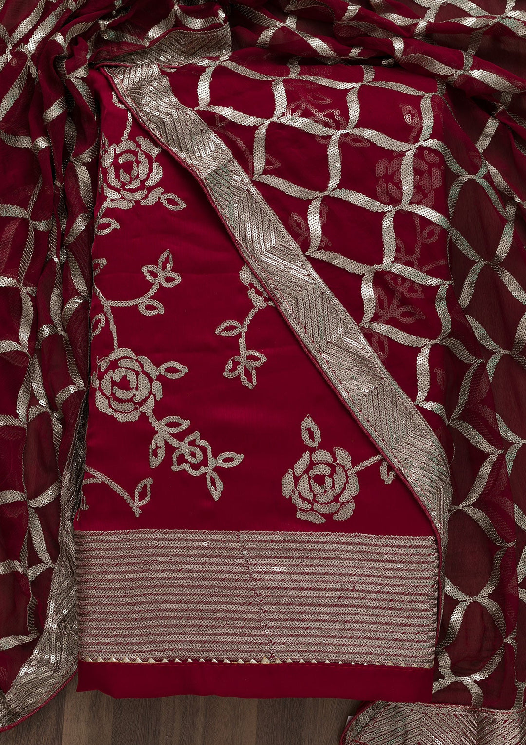 Maroon Sequins Satin Unstitched Salwar Suit-Koskii