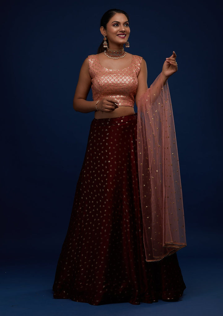 Maroon Sequins Semi Crepe Designer Lehenga - Koskii