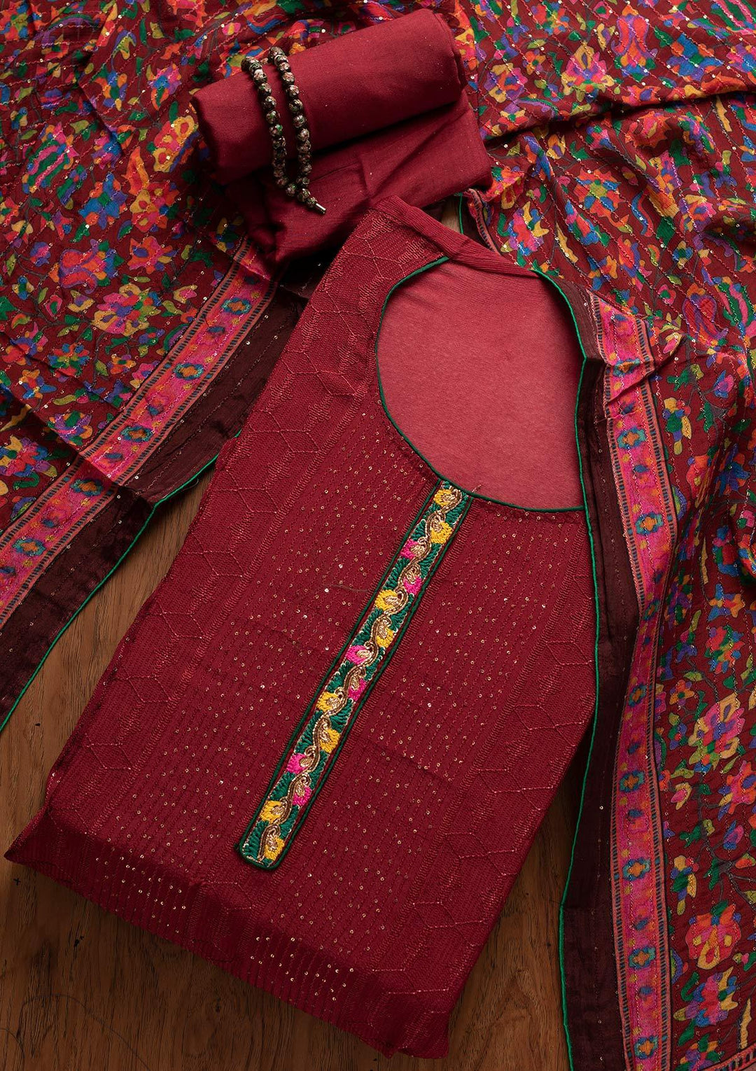 Maroon Sequins Semi Crepe Designer Semi-Stitched Salwar Suit - koskii