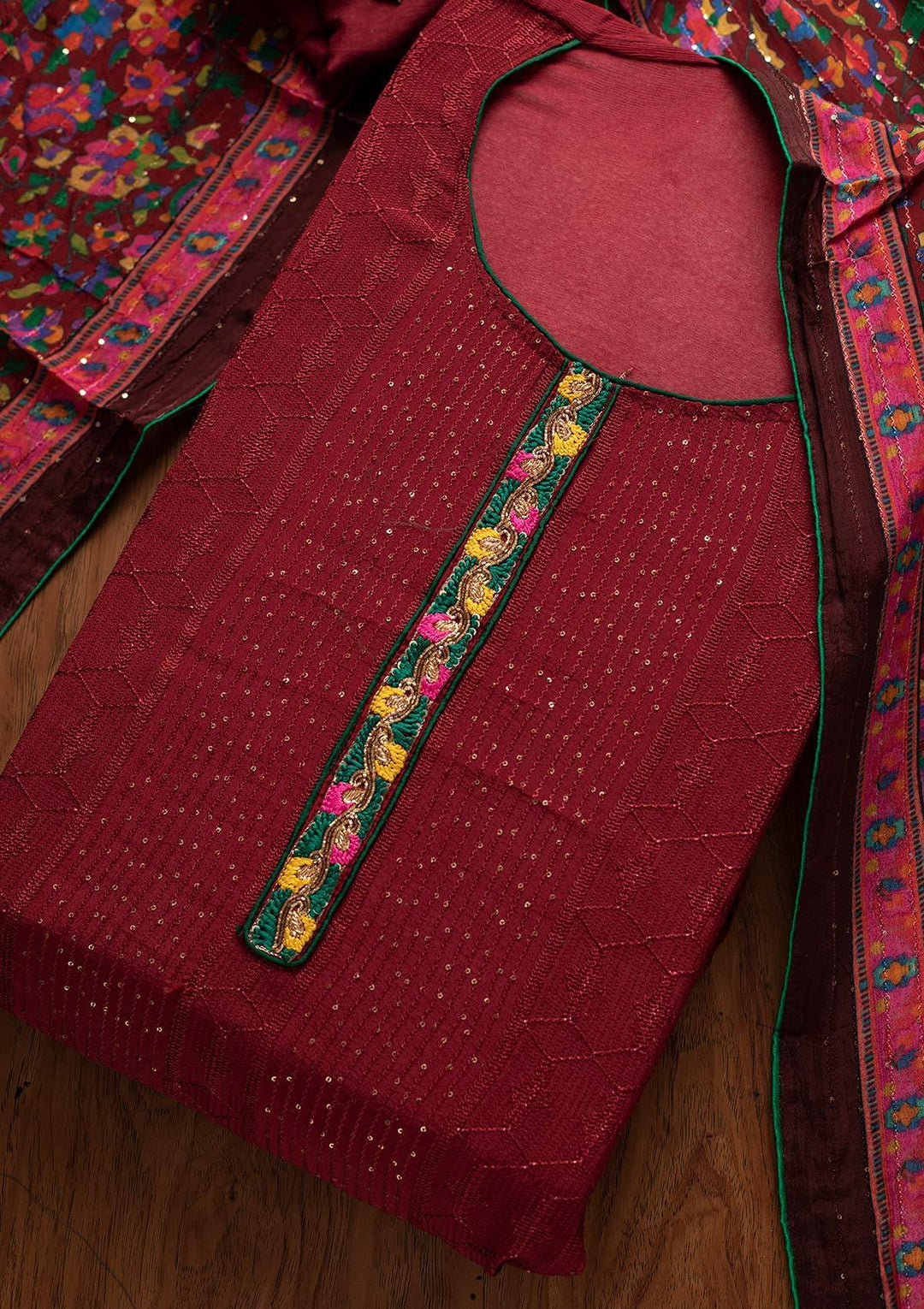 Maroon Sequins Semi Crepe Designer Semi-Stitched Salwar Suit - koskii