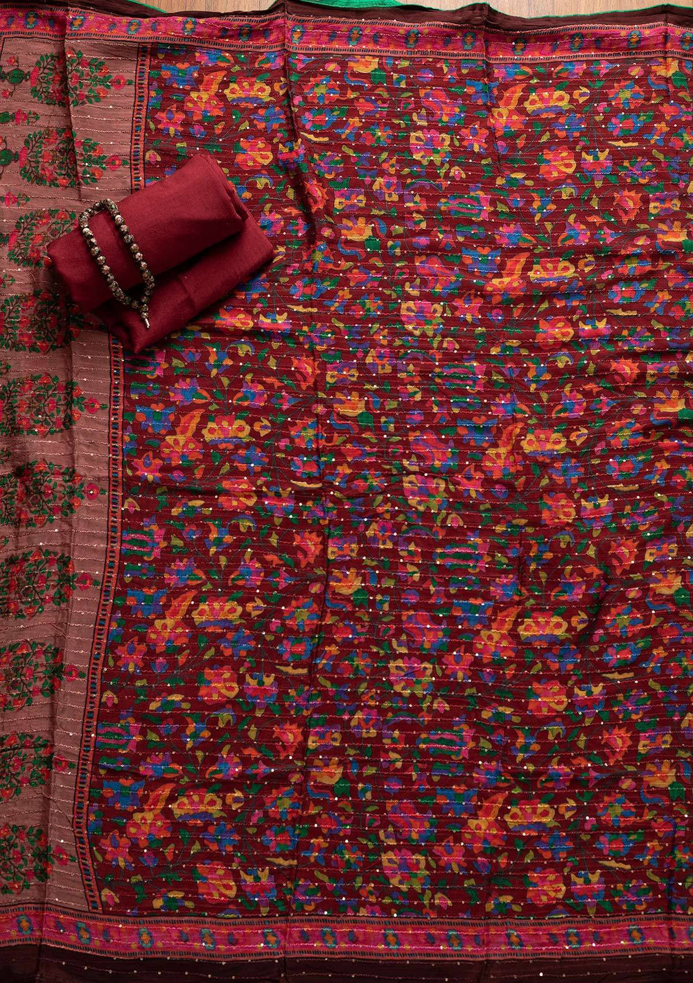Maroon Sequins Semi Crepe Designer Semi-Stitched Salwar Suit - koskii