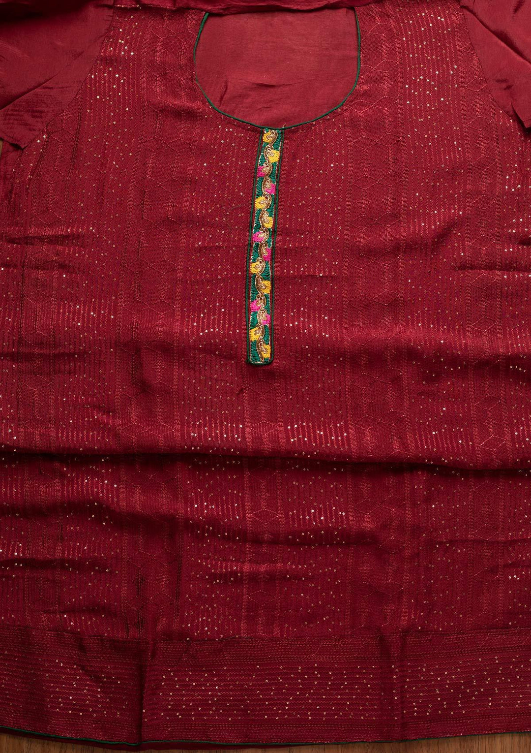 Maroon Sequins Semi Crepe Designer Semi-Stitched Salwar Suit - koskii