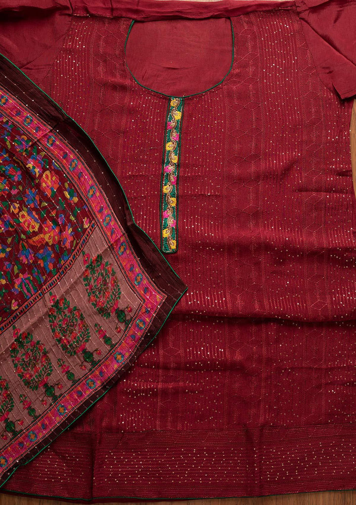 Maroon Sequins Semi Crepe Designer Semi-Stitched Salwar Suit - koskii
