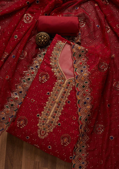 Maroon Sequins Semi Crepe Semi-Stitched Salwar Suit- Koskii
