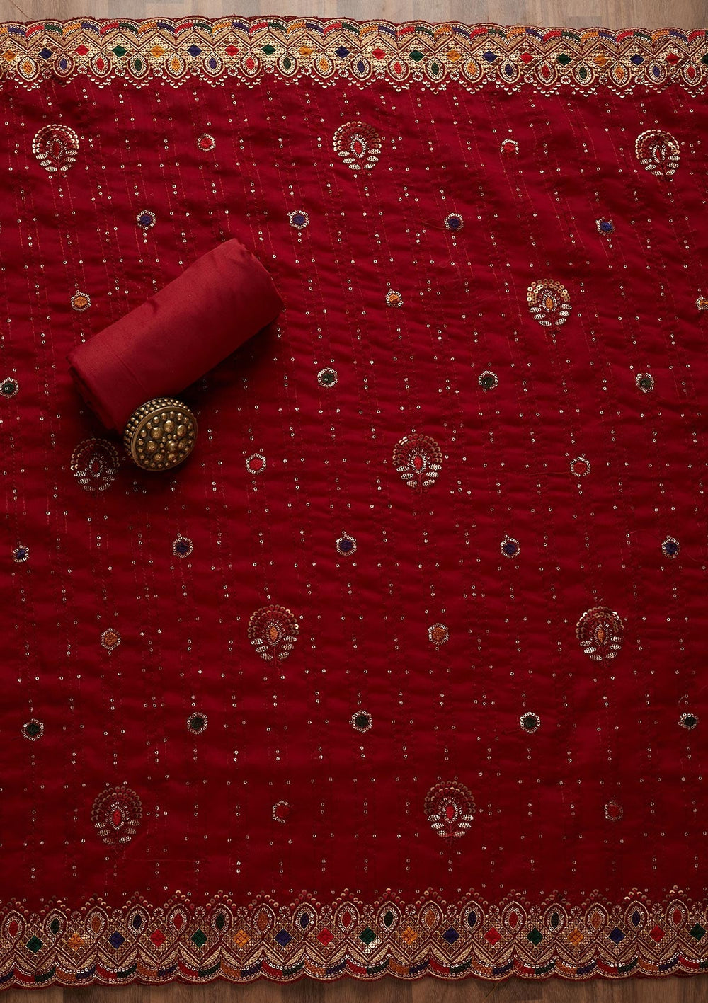 Maroon Sequins Semi Crepe Semi-Stitched Salwar Suit - Koskii