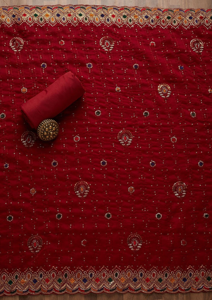 Maroon Sequins Semi Crepe Semi-Stitched Salwar Suit - Koskii