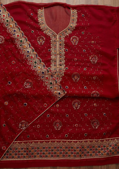 Maroon Sequins Semi Crepe Semi-Stitched Salwar Suit - Koskii