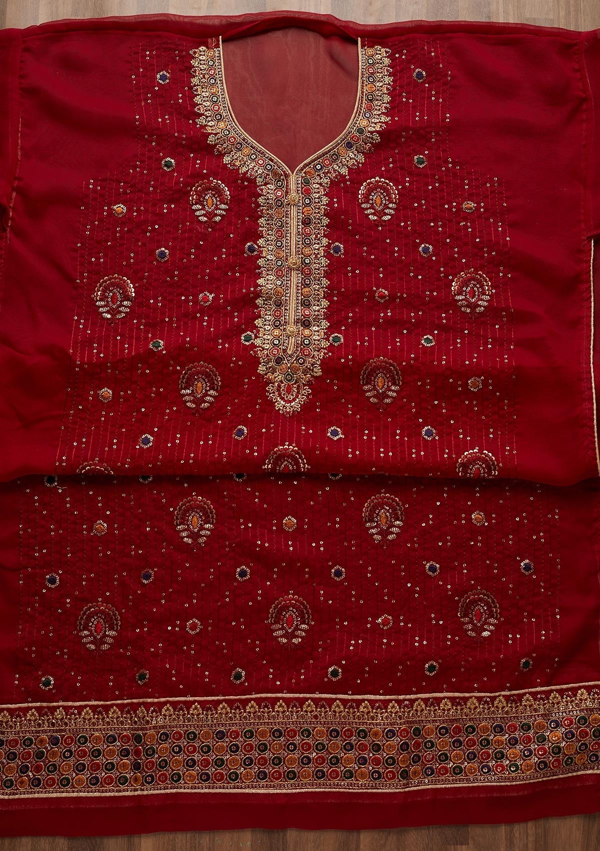 Maroon Sequins Semi Crepe Semi-Stitched Salwar Suit - Koskii