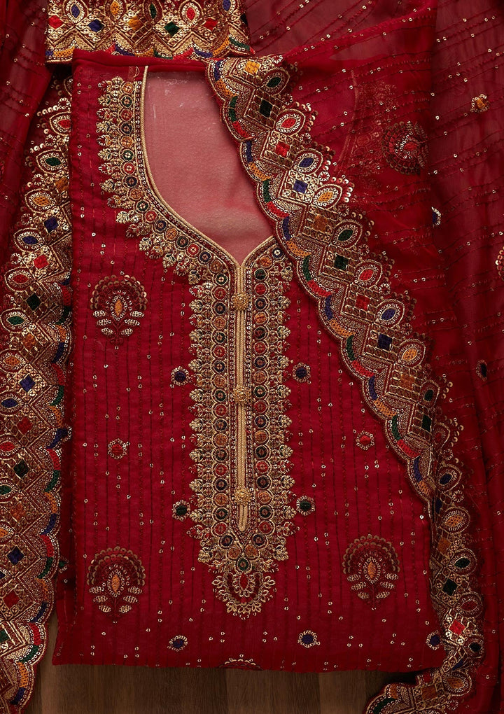 Maroon Sequins Semi Crepe Semi-Stitched Salwar Suit - Koskii