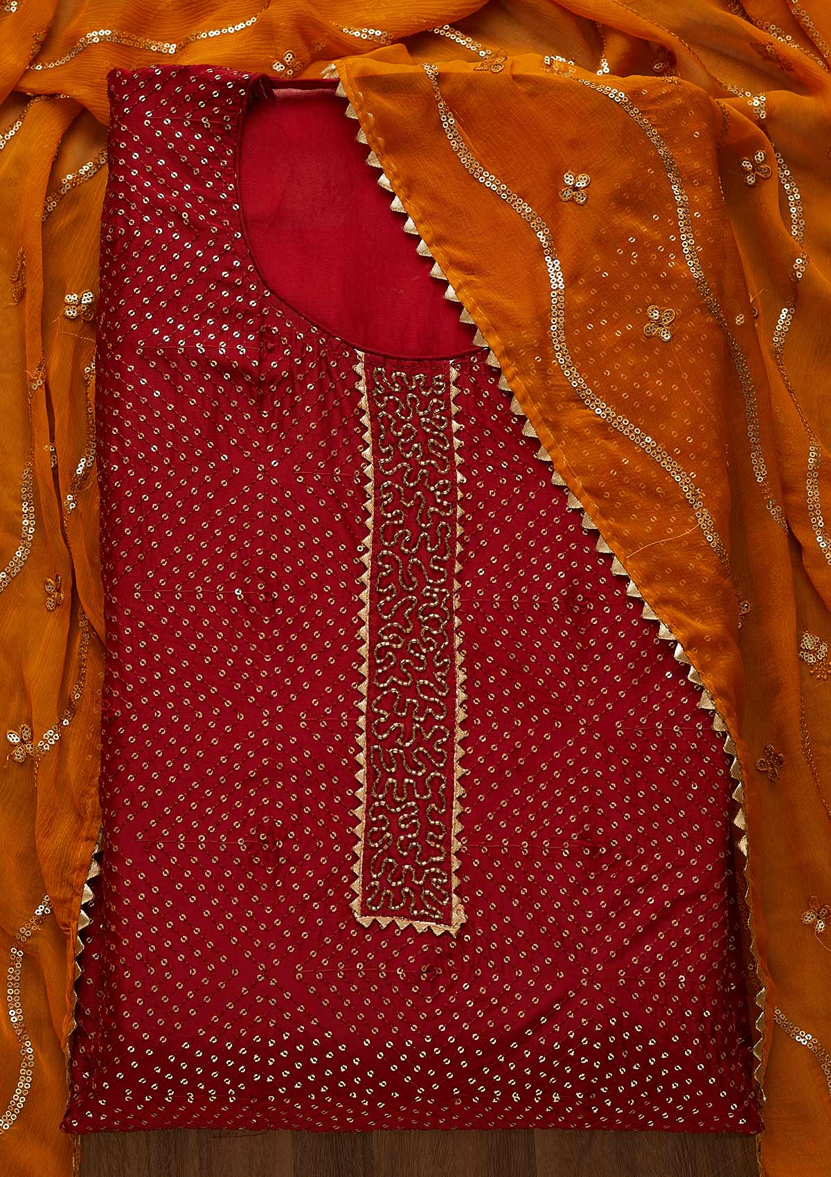 Maroon Sequins Semi Crepe Unstitched Salwar Suit-Koskii