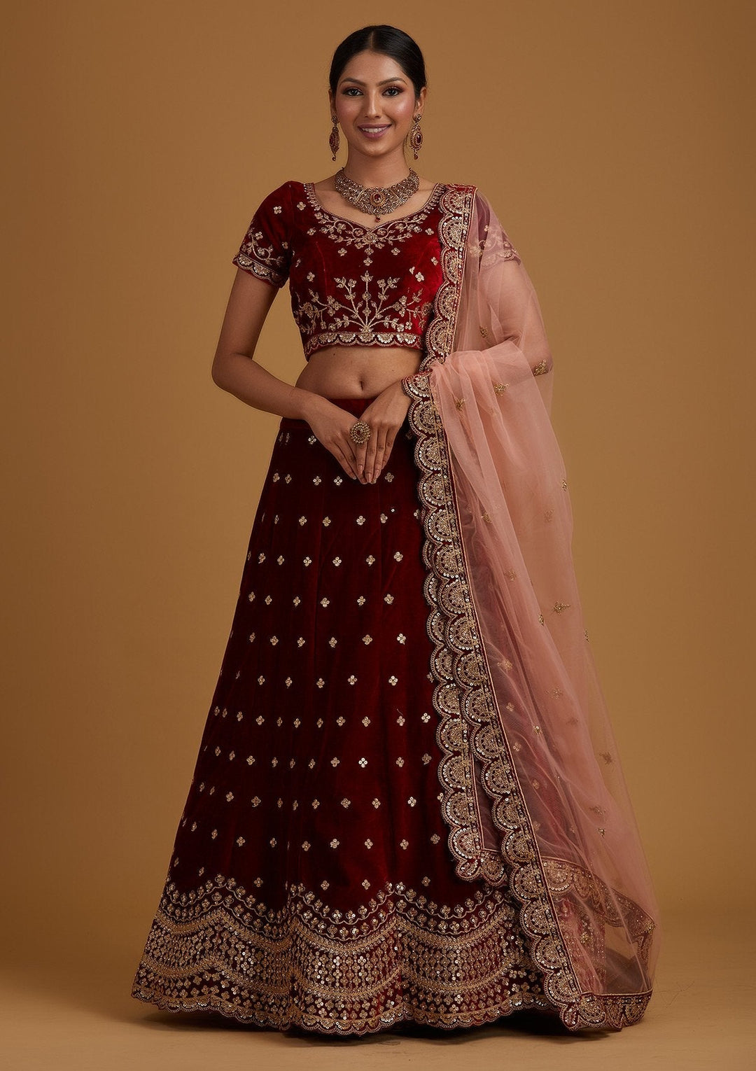 Maroon Sequins Velvet Designer Semi-Stitched Lehenga - koskii