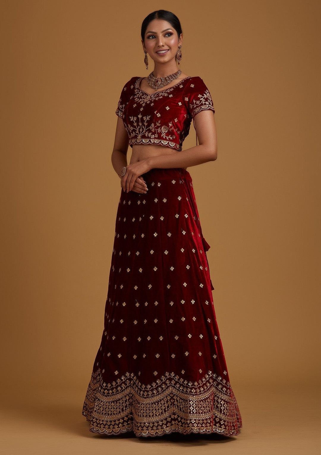 Maroon Sequins Velvet Designer Semi-Stitched Lehenga - koskii