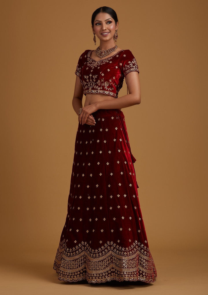 Maroon Sequins Velvet Designer Semi-Stitched Lehenga - koskii