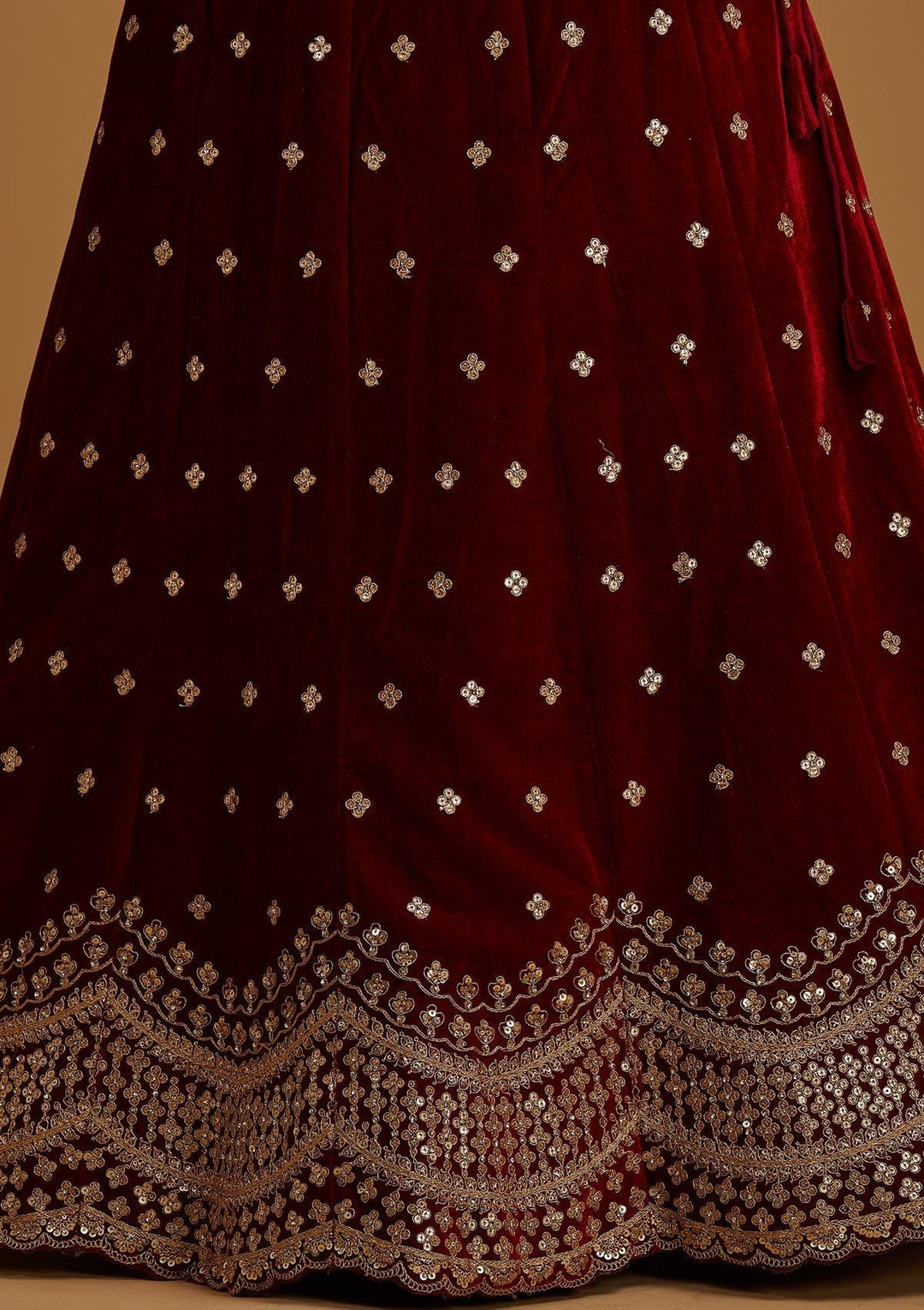 Maroon Sequins Velvet Designer Semi-Stitched Lehenga - koskii