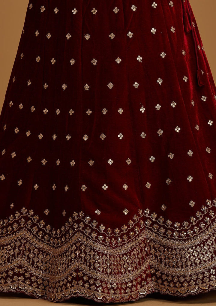 Maroon Sequins Velvet Designer Semi-Stitched Lehenga - koskii