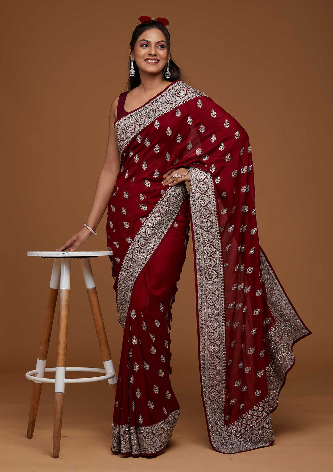 Maroon Silver Stonework Raw Silk Saree - Koskii