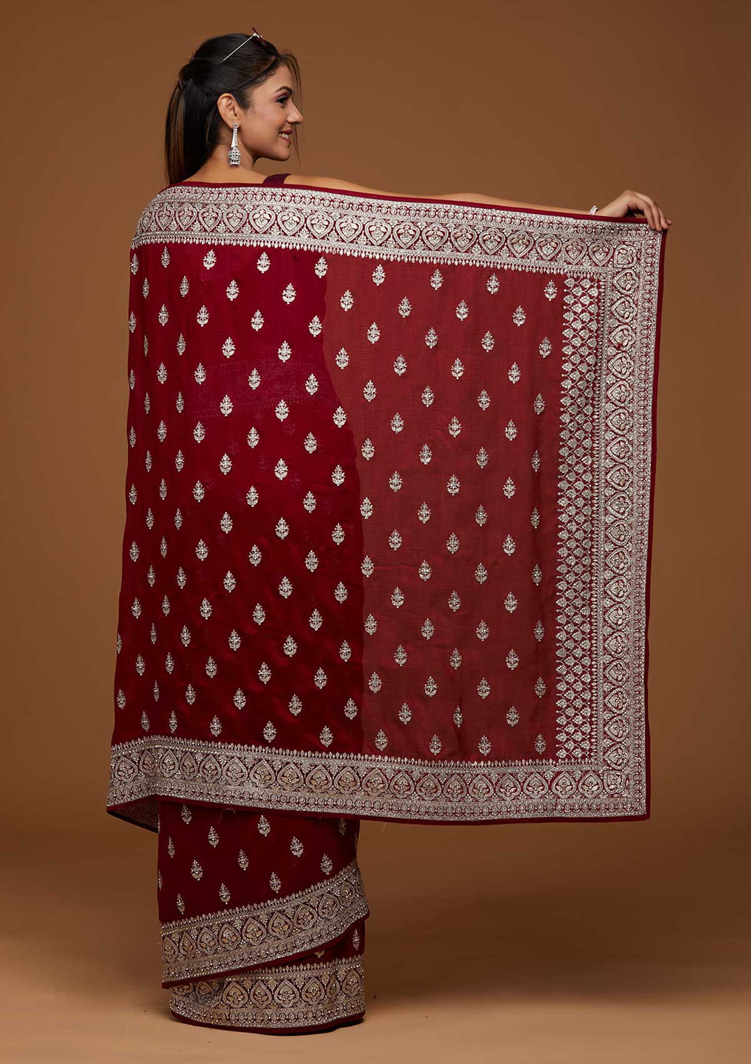 Maroon Silver Stonework Raw Silk Saree-Koskii