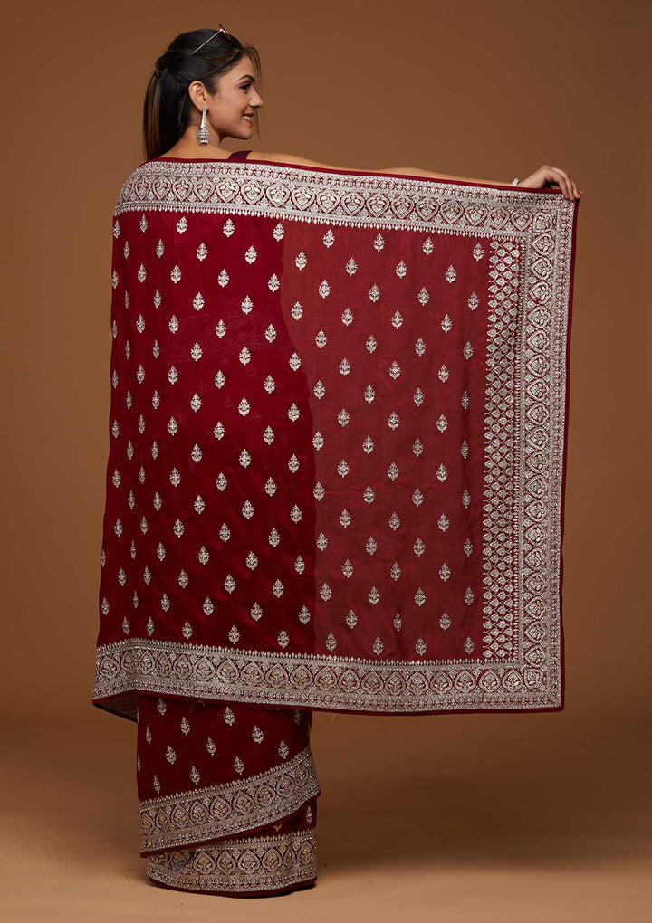 Maroon Silver Stonework Raw Silk Saree-Koskii