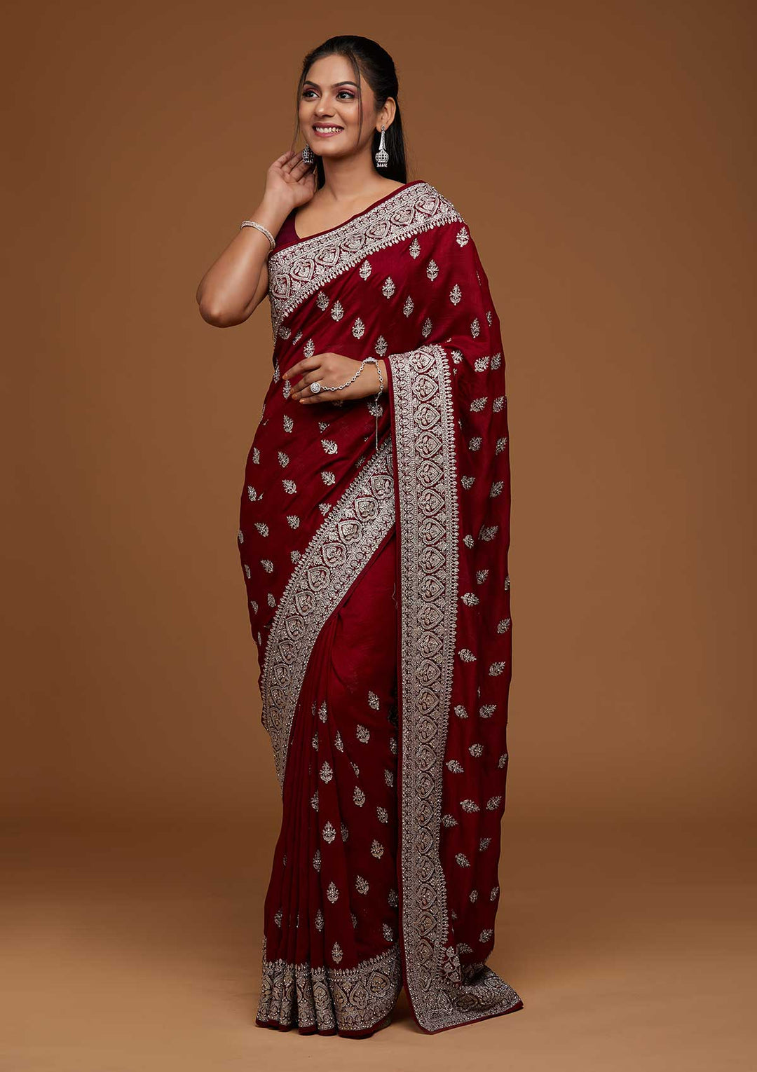 Maroon Silver Stonework Raw Silk Saree-Koskii