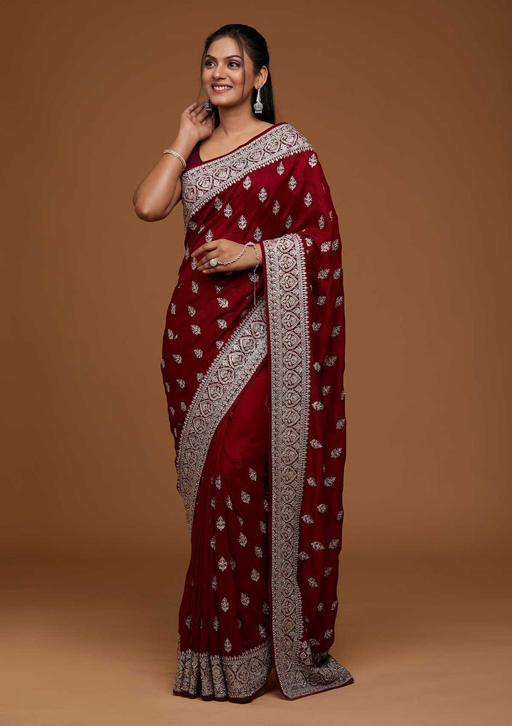 Maroon Silver Stonework Raw Silk Saree-Koskii