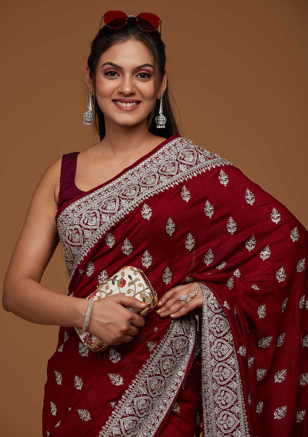 Maroon Silver Stonework Raw Silk Saree-Koskii