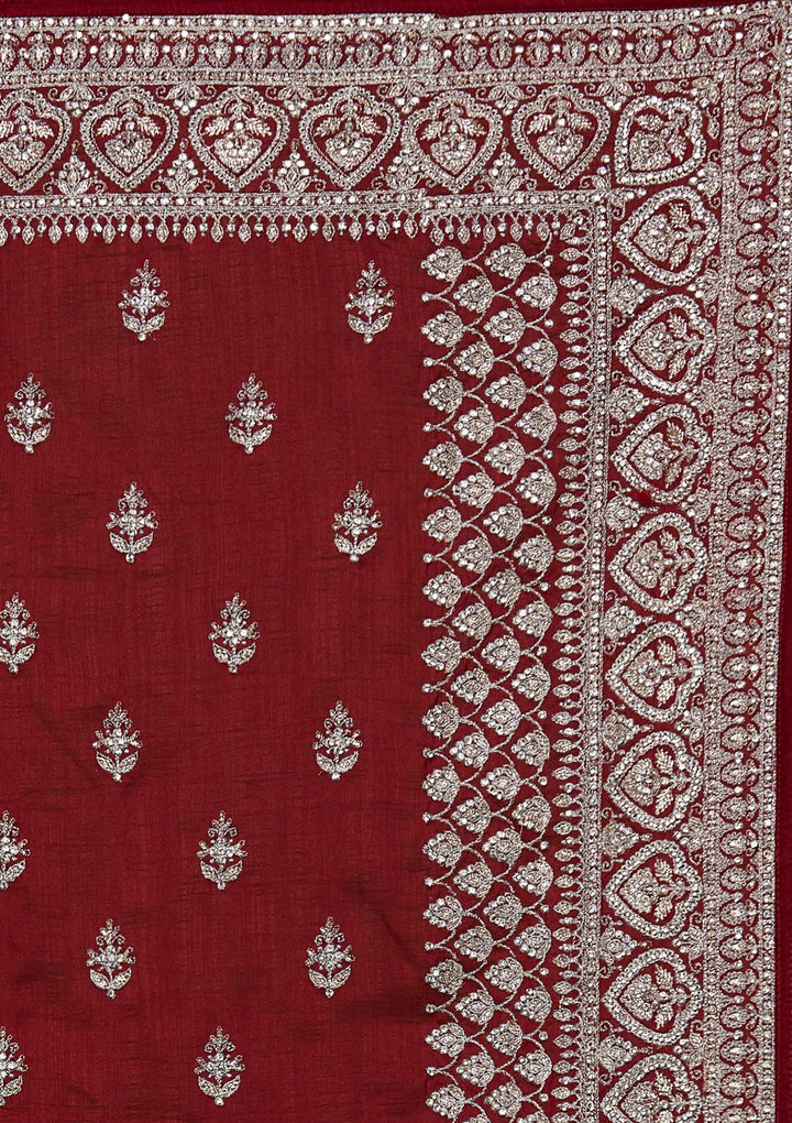 Maroon Silver Stonework Raw Silk Saree-Koskii