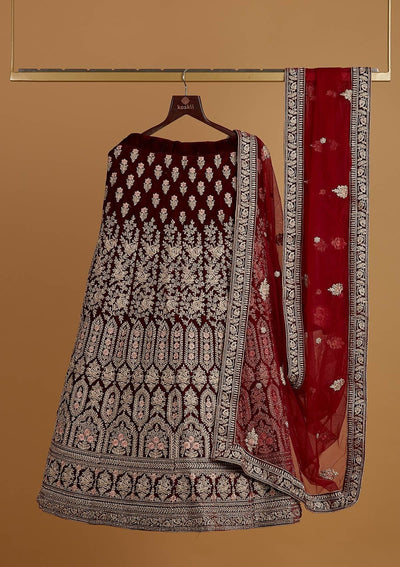 Maroon Silver Stonework Velvet Designer Semi-Stitched Lehenga - koskii